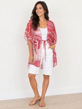 FOREVER Women's SMALL Sheer Top Poncho Coverup Tie Front Polyester RED Made USA